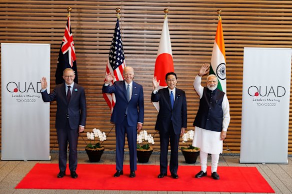 Prime Minister Anthony Albanese, President of the United States Joe Biden, Prime Minister of Japan Fumio Kishida and Prime Minister of India Narendra Modi pose for a group photo during the Quad leaders' meeting in Tokyo, Japan.
