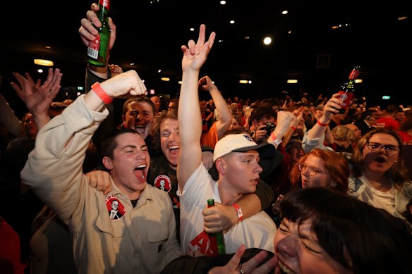 Jubilant supporters at the ALP election night function at the Canterbury-Hurlstone Park RSL Club in Sydney.