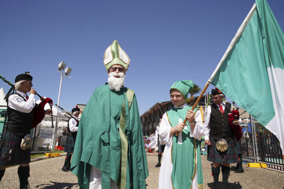 A sunglasses-clad St Patrick attends a day of festivities in his honour at Moore Park.