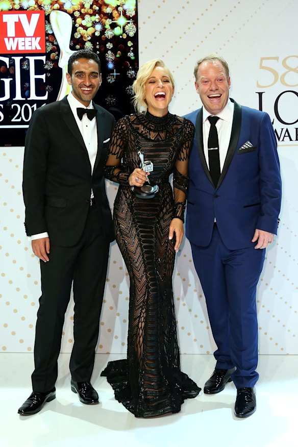 Waleed Aly, Carrie Bickmore and Peter Helliar after <i>The Project</i>'s Logie win for Best News Panel or Current Affairs Program.
