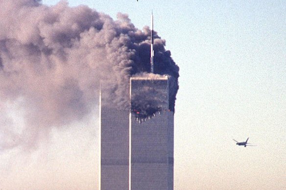 This September 11, 2001 photo shows a hijacked commercial plane approaching the World Trade Center shortly before crashing into the landmark skyscraper in New York City.