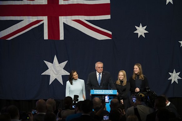Scott Morrison concedes defeat at his post-election event at The Fullerton Hotel, Sydney.