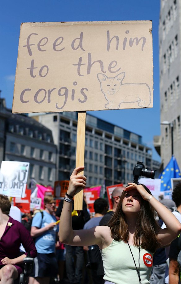'Feed Him To The Corgies'. Protesters hold signs at the 'Stop Trump' Women's March in London, Friday, July 13, 2018.