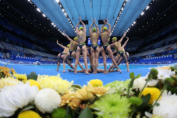 Team Australia practice their Artistic Swimming Team Free Routine on day fifteen of the Tokyo 2020 Olympic Games at Tokyo Aquatics Centre on August 07, 2021 in Tokyo, Japan.