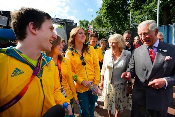 Prince Charles and Camilla, Duchess of Cornwall, meet open water swimmer Melissa Gorman (middle), archer Elisa Barnard and Blake Gaudry from the Australian team. Photo by Jason South