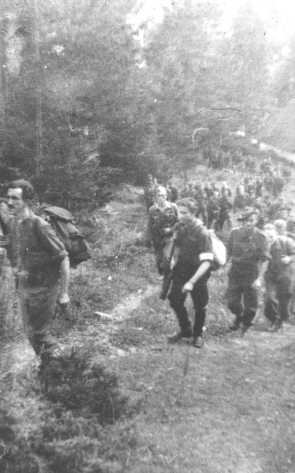 A picture of the escape march through Slovenia given to Ralph Churches years later by Karol Cholnik, latterly of Bacchus Marsh in Melbourne. Churches can be seen wearing his slouch hat and Cholnik is leading the column. 