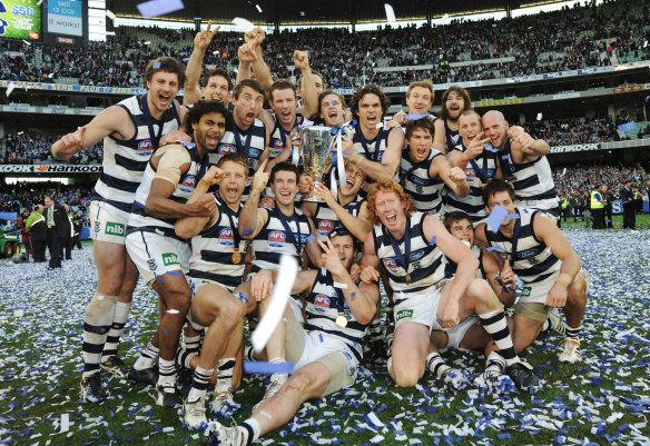 Heart stopper: The Cats of 2009 edged their way to victory against St Kilda in a dramatic final few minutes. 