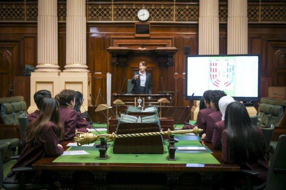 Students from Kew High School inside the lower house chamber of Parliament House. 