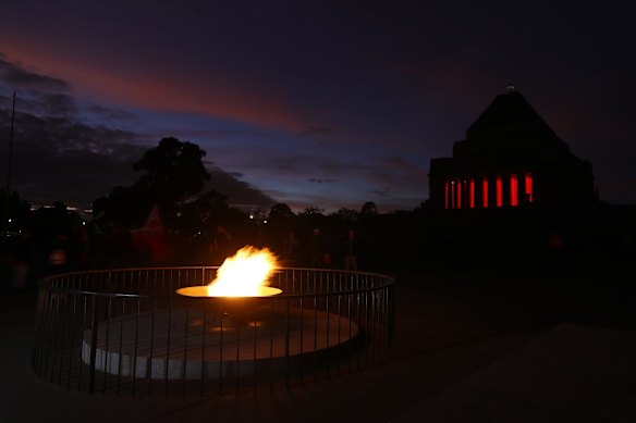 The Eternal Flame and the Shrine Of Remembrance are seen on April 25, 2020 in Melbourne, Australia. 