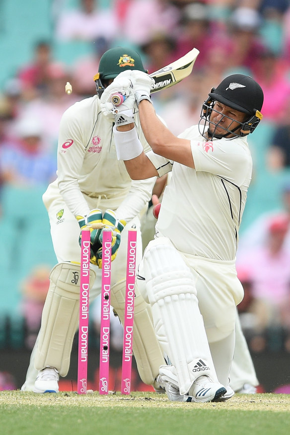 Neil Wagner is bowled by Nathan Lyon for a second ball duck. 