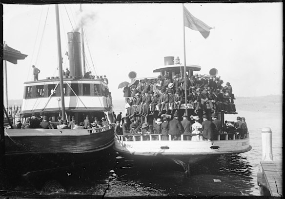 Crowded ferries "Kurraba" and "Kirribilli" at Circular Quay circa 1900, photographed by William Joseph Macpherson, 