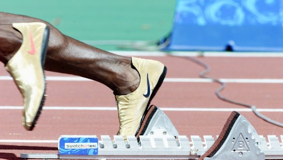 The golden boots of US runner Michael Johnson during the  men's 400m heats.