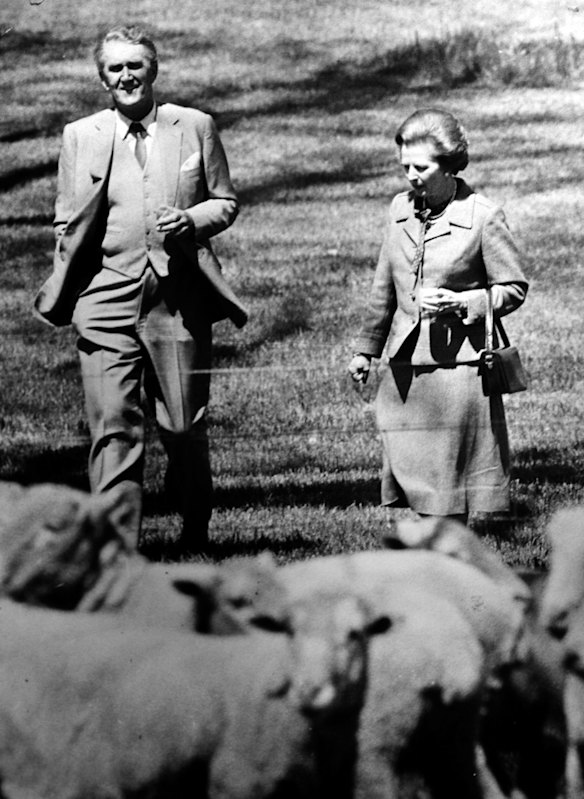 Former Prime Minister Malcolm Fraser  and the then British Prime Minister Margaret thatcher at a sheep handling demonstration staged for CHOGM members at Huntley property on the Uriarra Road. (4/10/81)