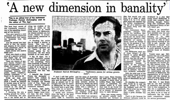 Patrick McCaughey’s view of the Melbourne Landmark Competition, published in The Age in 1979.