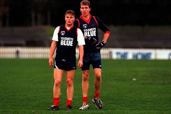 Jim Stynes with brother David at Melbourne training at Junction Oval, July 23 1997.