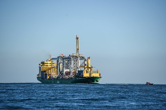 Swimmer Grant Siedle re-enacts the swim of Doug Mew across the rip from Point Lonsdale to Point Nepean on the same day 13th June just wearing speedos. Photo: Justin McManus