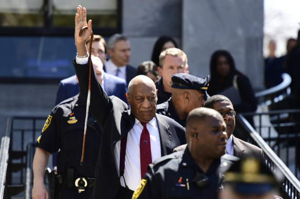 Bill Cosby gestures as he leaves his sexual assault trial at the Montgomery County Courthouse in Norristown after being convicted. 
