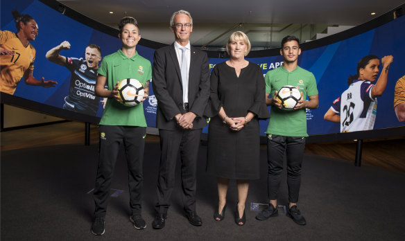 Michelle Heyman from Canberra United, Football Federation Australia’s David Gallop, Telstra's Joe Pollard and Daniel Arzani from Melbourne City. 
