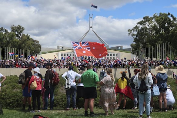 Convoy to Canberra protesters gather in front of Parliament House in Canberra.