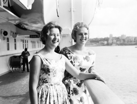 Passengers on deck of the ocean liner, Oriana, shortly after its arrival at Circular Quay, Sydney, on December 30, 1960.