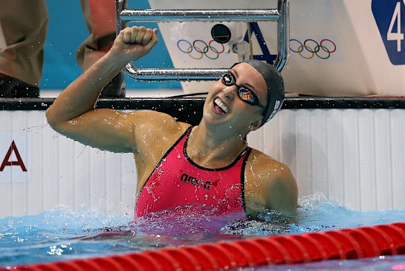 Rebecca Soni of the United States celebrates after winning gold and setting a new world record time of 2:19.59 in the women's 200m breaststroke final.