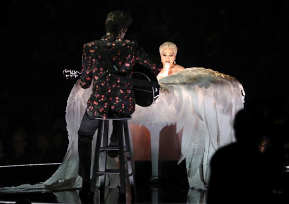 Lady Gaga performs with Mark Ronson at the 60th annual Grammy Awards.