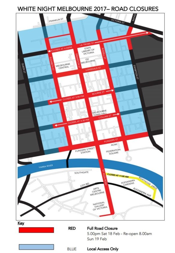 White Night Melbourne 2017 road closures.