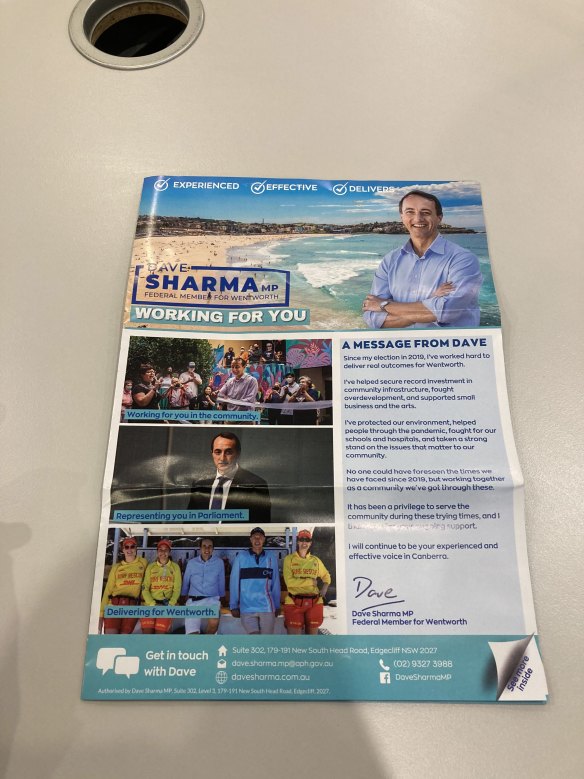 Leaflet to voters from Wentworth Liberal MP Dave Sharma 