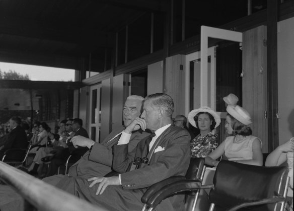 Prime Minister Sir Robert Menzies watches the cricket match between the MCC and the Prime Ministwer’s XI at Manuka Oval, Canberra on 6 February, 1963