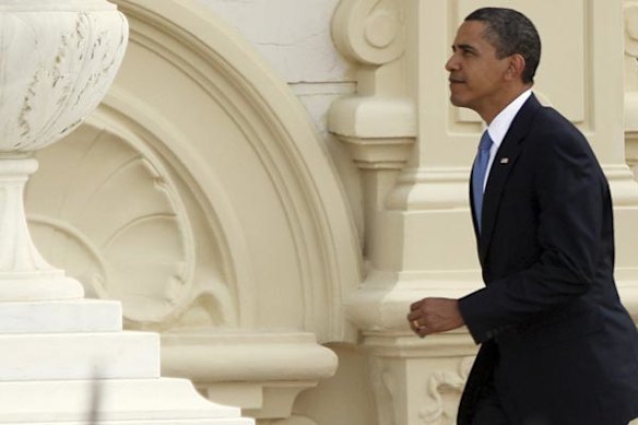 Barack Obama arrives for a meeting with Egypt's President Hosni Mubarak.