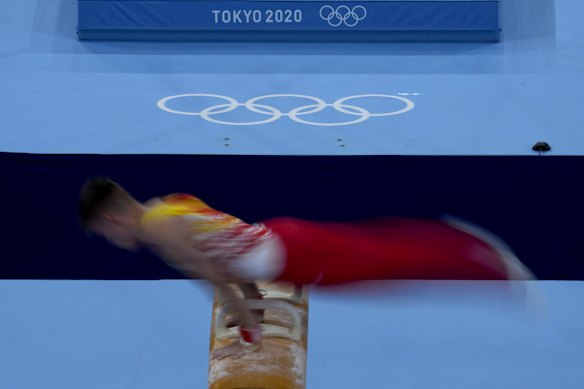 An athlete trains on the pommel horse for the artistic gymnastics at Ariake Gymnastics Centre venue ahead of the 2020 Summer Olympics in Tokyo. 