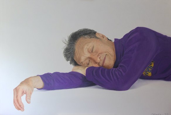 Salon des Refuses finalist Camellia Morris’ Sleeping on the job featuring the original purple Wiggle member Jeff Fatt.