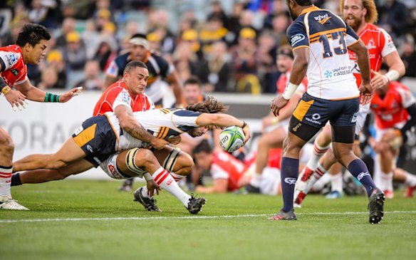 Brumbies winger Andy Muirhead's try attempt was disallowed by the video referee. 