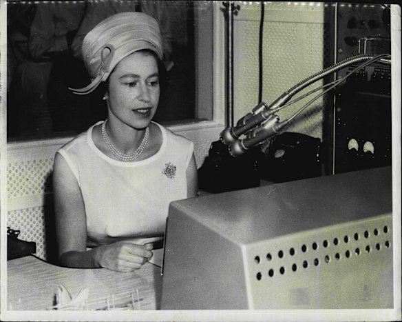 The Queen talks to hundreds of listeners over the Royal Flying Doctor Service radio at Alice Springs on March 16, 1963.