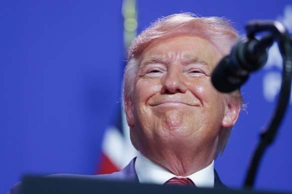 President of the United States Donald Trump during the official opening of businessman Anthony Pratt's Pratt Industries Wapakoneta recycling and paper plant in Wapakoneta, Ohio.
