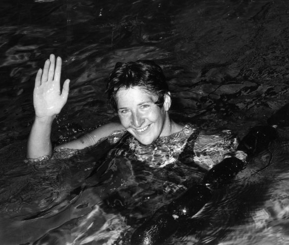 Australia’s Dawn Fraser in the water after winning gold at the 1962 Perth Commonwealth Games. She had just broken the world record for the 110 yards freestlye.