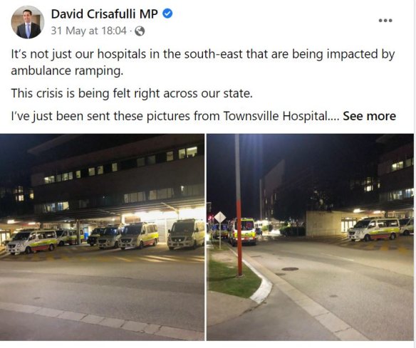 Queensland opposition leader David Crisafulli posted on Tuesday night about hospital ramping.