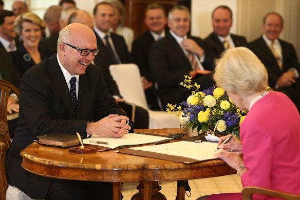 Senator George Brandis is sworn in as Attorney-General  and Arts minister by Governor-General Quentin Bryce at Government House in Canberra.