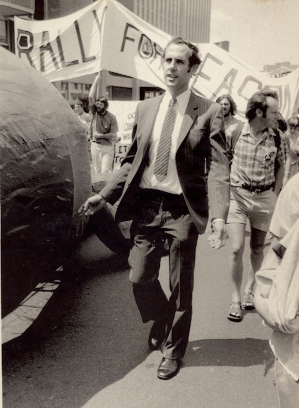 Bob Brown leads a No Dams rally through the streets of Hobart, February 1983.