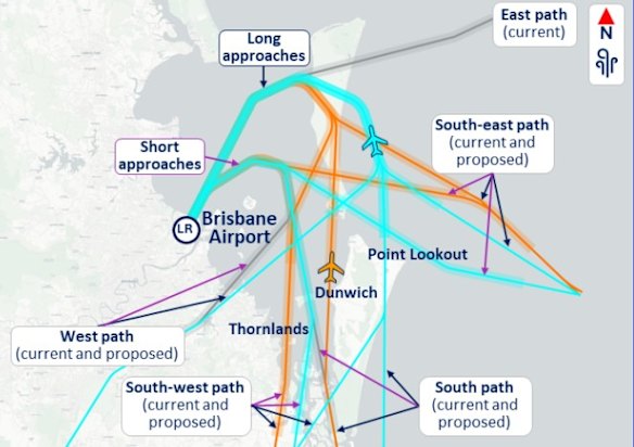 Current flight paths in orange and proposed paths in blue.