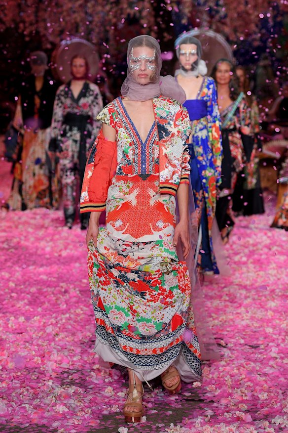 A model walks the runway wearing creations by Camilla at  Mercedes-Benz Fashion Week Australia in Sydney.