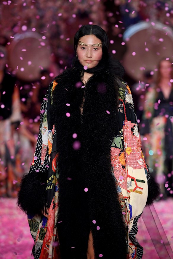A model walks the runway wearing creations by Camilla at Mercedes-Benz Fashion Week Australia in Sydney.