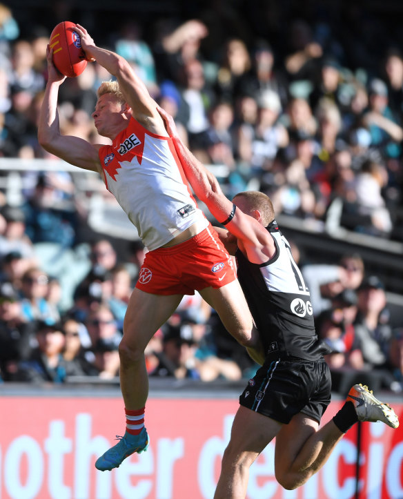 Isaac Heeney marks against Port Adelaide last Saturday.