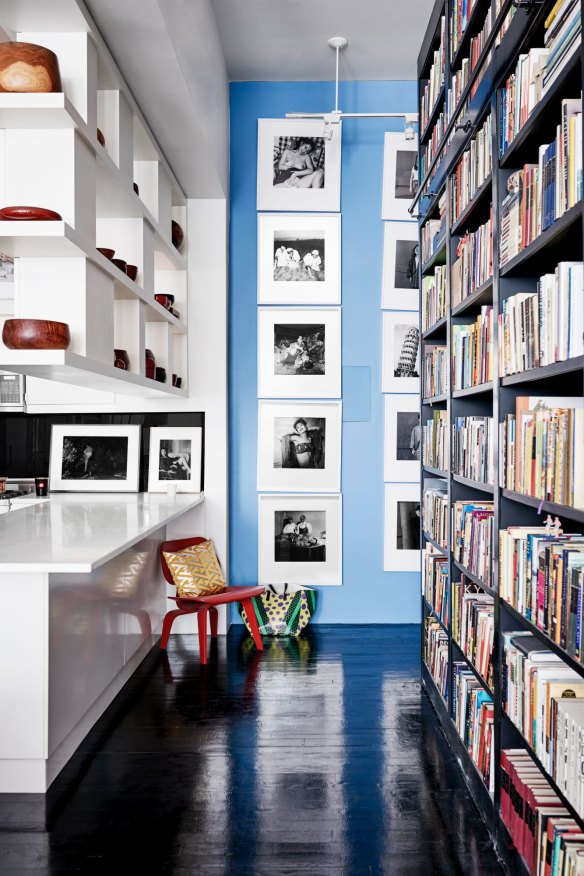 Art and books dominate the space.