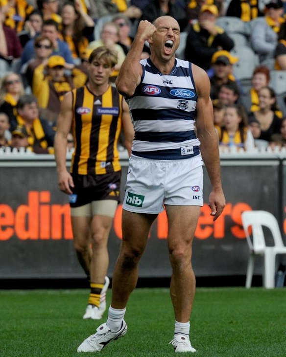 Geelong's James Podsiadly celebrates a goal.