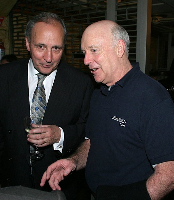 Paul Keating getting some tips from John Clarke at the Keating, the musical after party, Comedy Theatre, 2007.
