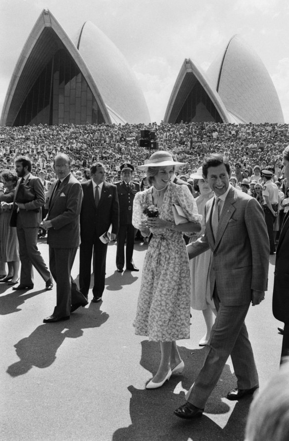 Diana, Princess of Wales and Prince Charles visit the Sydney Opera House on their first royal tour together in 1983.
