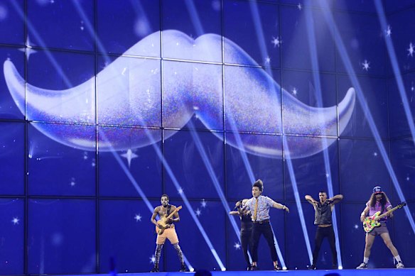 Twin Twin representing France perform during the Eurovision Song Contest 2014 Grand Final in Copenhagen, Denmark, on May 10, 2014. AFP PHOTO/JONATHAN NACKSTRAND