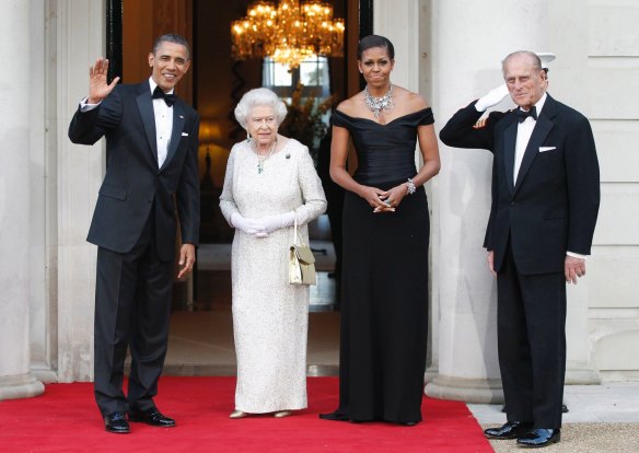 The Obamas host the Queen and Prince Philip for dinner at Winfield House in London, 2011.
