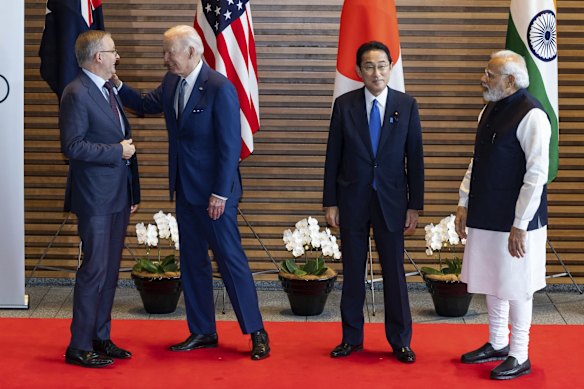 Prime Minister Anthony Albanese, President of the United States Joe Biden, Prime Minister of Japan Fumio Kishida and Prime Minister of India Narendra Modi during the group photo at the Quad leaders' meeting in Tokyo, Japan.